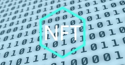 Image of nft text over binary coding on white background Stock Photos