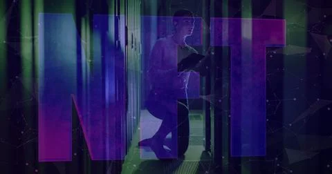 Image of nft text over caucasian female worker in server room Photos