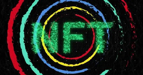 Image of nft text over colorful circles on black background Stock Illustration