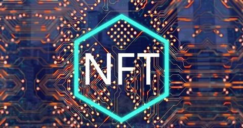 Image of nft text over computer circuit board over cityscape Stock Photos
