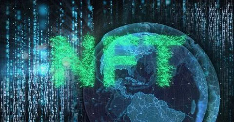 Image of nft text over globe and data processing Illustrazione stock