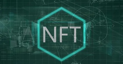 Image of nft text over network of connections and data processing with math.. Stock Photos