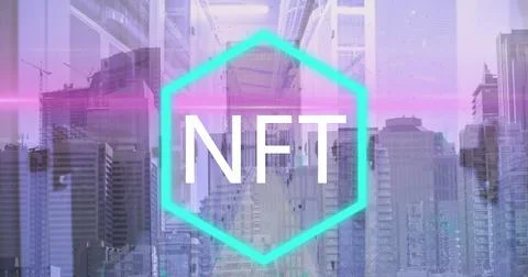 Image of nft text over server room and cityscape 스톡 사진