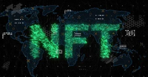Image of nft text over world map on black background Ilustração Stock