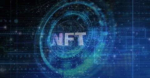 Image of nft text, scopes scanning and data processing Stock Photos
