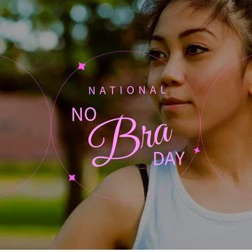 Image of no bra day over midsection of asian woman jogging 스톡 사진