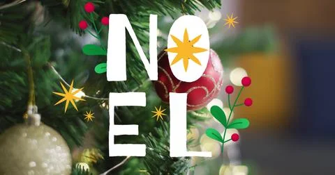 Image of noel text and flowers over christmas tree Ilustração Stock