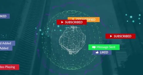 Image of notification bars and dots forming globes over low angle view of modern Stock Illustration