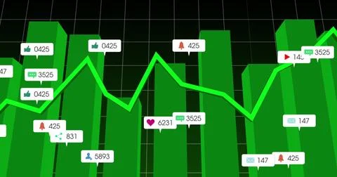 Image of notification bars and multiple graphs with grid pattern over black.. Stock Photos