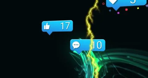 Image of notification bars, lightning and abstract pattern over black background Stock Photos