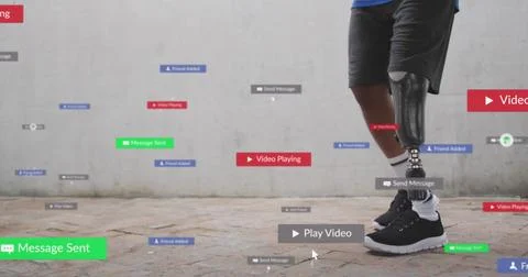 Image of notification bars over african american man with prosthetic leg Stock Photos