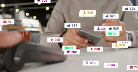 Image of notification bars over caucasian man using cellphone and credit ca.. Stock Photos