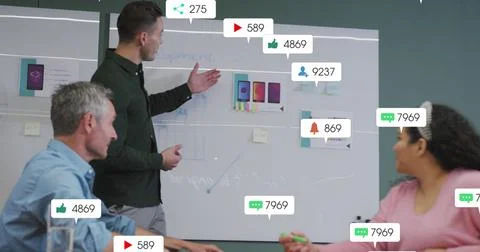 Image of notification bars over diverse man explaining product design to Stock Photos