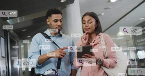 Image of notification bars over diverse coworkers discussing reports on dig.. Stock Photos