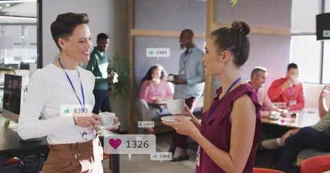 Image of notification bars over diverse female coworkers sharing ideas whil.. Stock Photos
