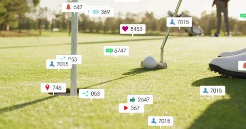 Image of notification bars over low section of golf player taking shot to score Fotos Stock