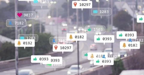 Image of notification icons with counters over slow motion of cars moving on Stock Illustration