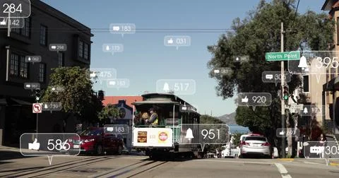 Image of notification icons with counters over vehicles moving on street in city Ilustração Stock