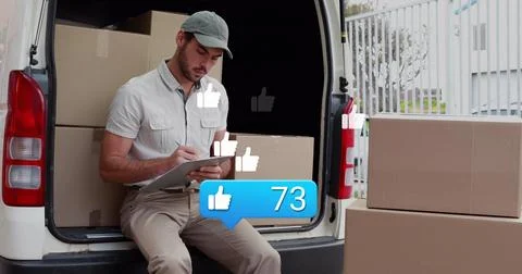 Image of notification label and thumbs up icons, caucasian man writing box Stock Photos