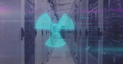 Image of nuclear symbol over data processing and server room 스톡 사진