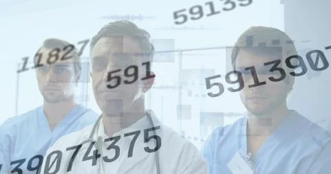 Image of number changing and data processing over male doctors with stethoscope 스톡 일러스트