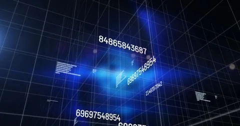 Image of number changing and data processing over grid on glowing blue Stock Illustration