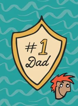 Image of number one dad text on shield and face with pattern on blue background Stock Illustration