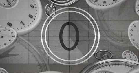 Image of number zero in vintage black and white film projector countdown with Stock Illustration