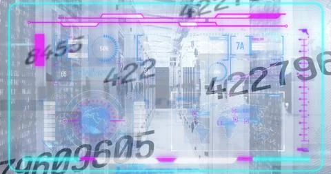 Image of numbers, abstract pattern and infographic interface over server ro.. Stock Photos