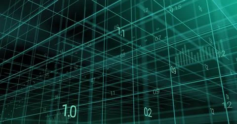 Image of numbers and ai data processing over grid and dark background Stock Photos