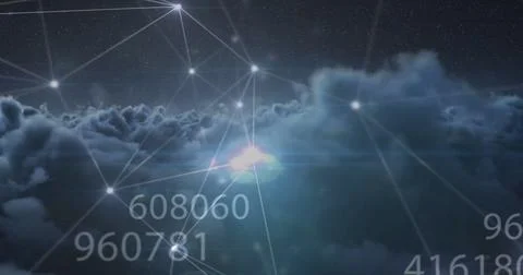 Image of numbers and computer code processing over cloudy sky Stock-Illustration