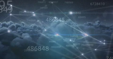 Image of numbers and computer code processing over cloudy sky Stock Illustration