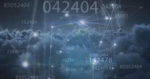 Image of numbers and computer code processing over cloudy sky Stock-Illustration