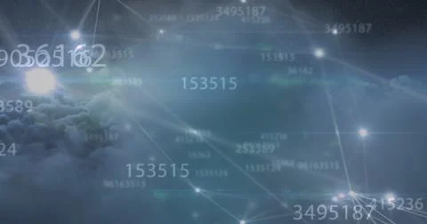 Image of numbers and computer code processing over cloudy sky Stock Illustration