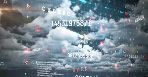 Image of numbers and computer code processing over cloudy sky 写真素材