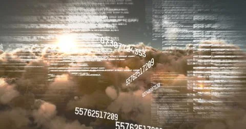 Image of numbers and computer code processing over sunset sky Stock Photos