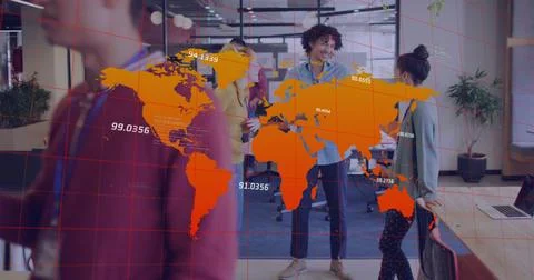 Image of numbers and computer language on map, diverse coworkers discussing Stock Photos