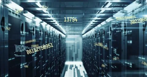 Image of numbers and data processing over computer servers Illustrazione stock