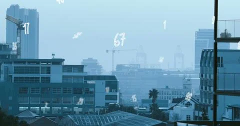 Image of numbers and data processing over cityscape Illustrazione stock