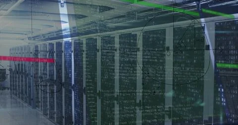 Image of numbers and data processing over computer servers 스톡 사진
