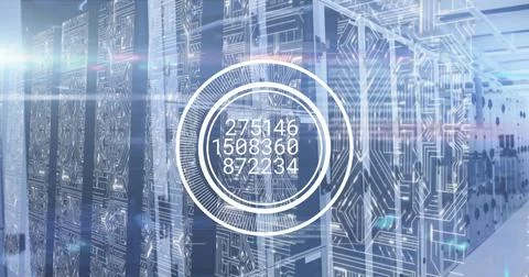 Image of numbers and data processing over computer servers Stock Photos