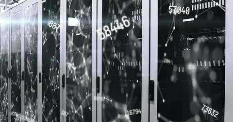 Image of numbers and data processing over computer servers Stock Photos