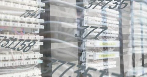 Image of numbers and data processing over computer servers 스톡 사진