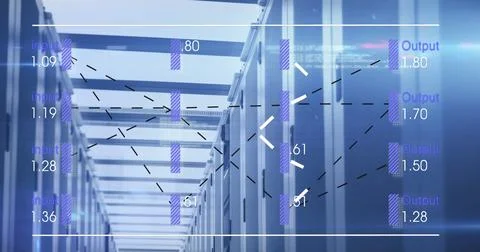 Image of numbers and data processing over computer servers Stock Photos