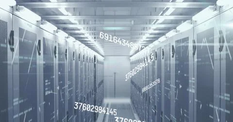 Image of numbers and data processing over computer servers Foto stock