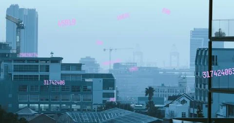 Image of numbers and data processing over cityscape Stockfoto's