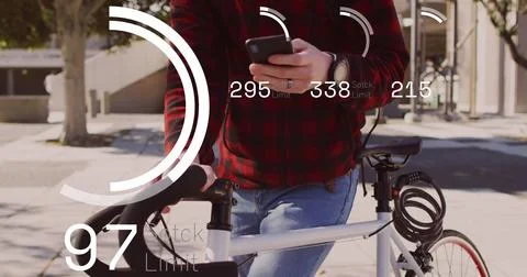 Image of numbers and data processing over caucasian man using smartphone Foto stock