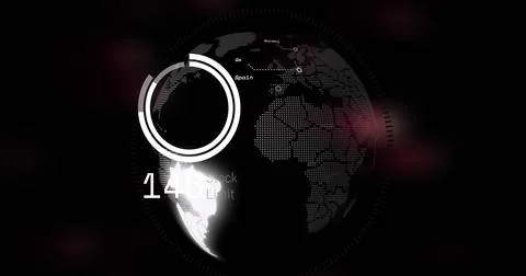 Image of numbers and data processing over globe and dark background 写真素材