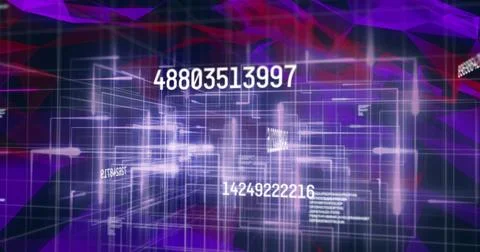Image of numbers and data processing over purple and red network of connections Stock Photos
