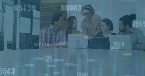 Image of numbers and data processing over diverse business people using Foto stock